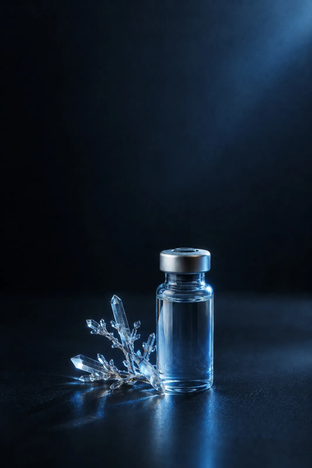 A glass vial of pale blue liquid beside a branching cluster of clear crystal shards