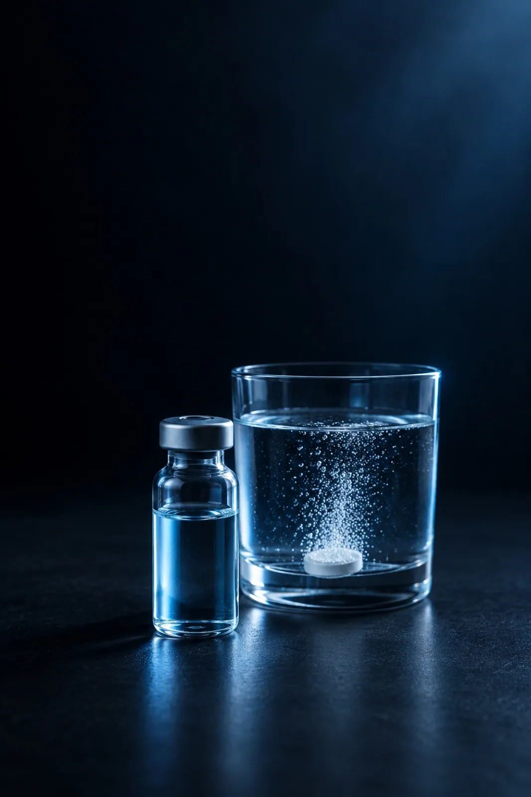 A glass vial of pale blue liquid beside a glass of water with a tablet dissolving in fine bubbles