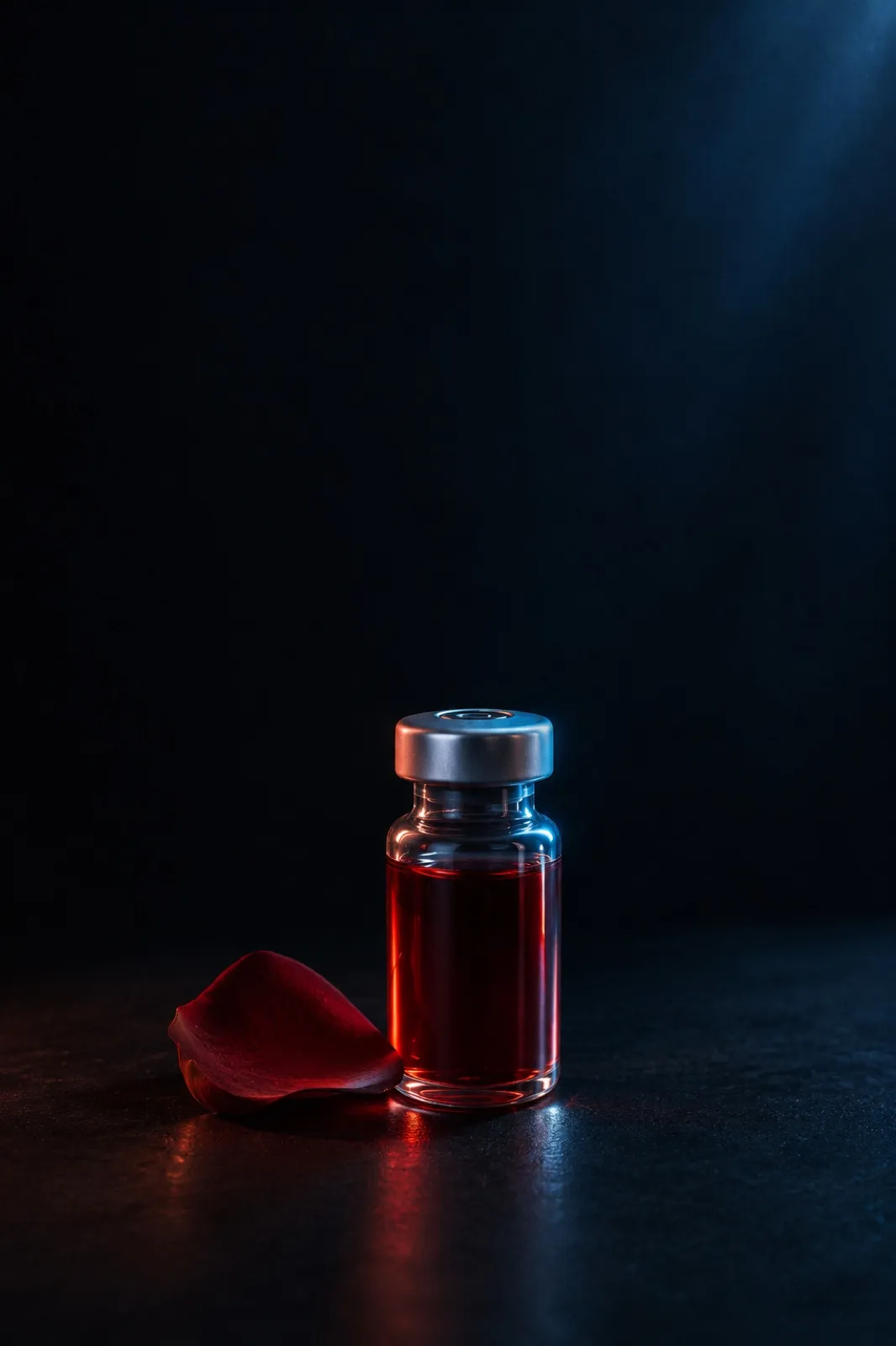 A glass vial of deep red liquid beside a single red rose petal, lit in red and blue