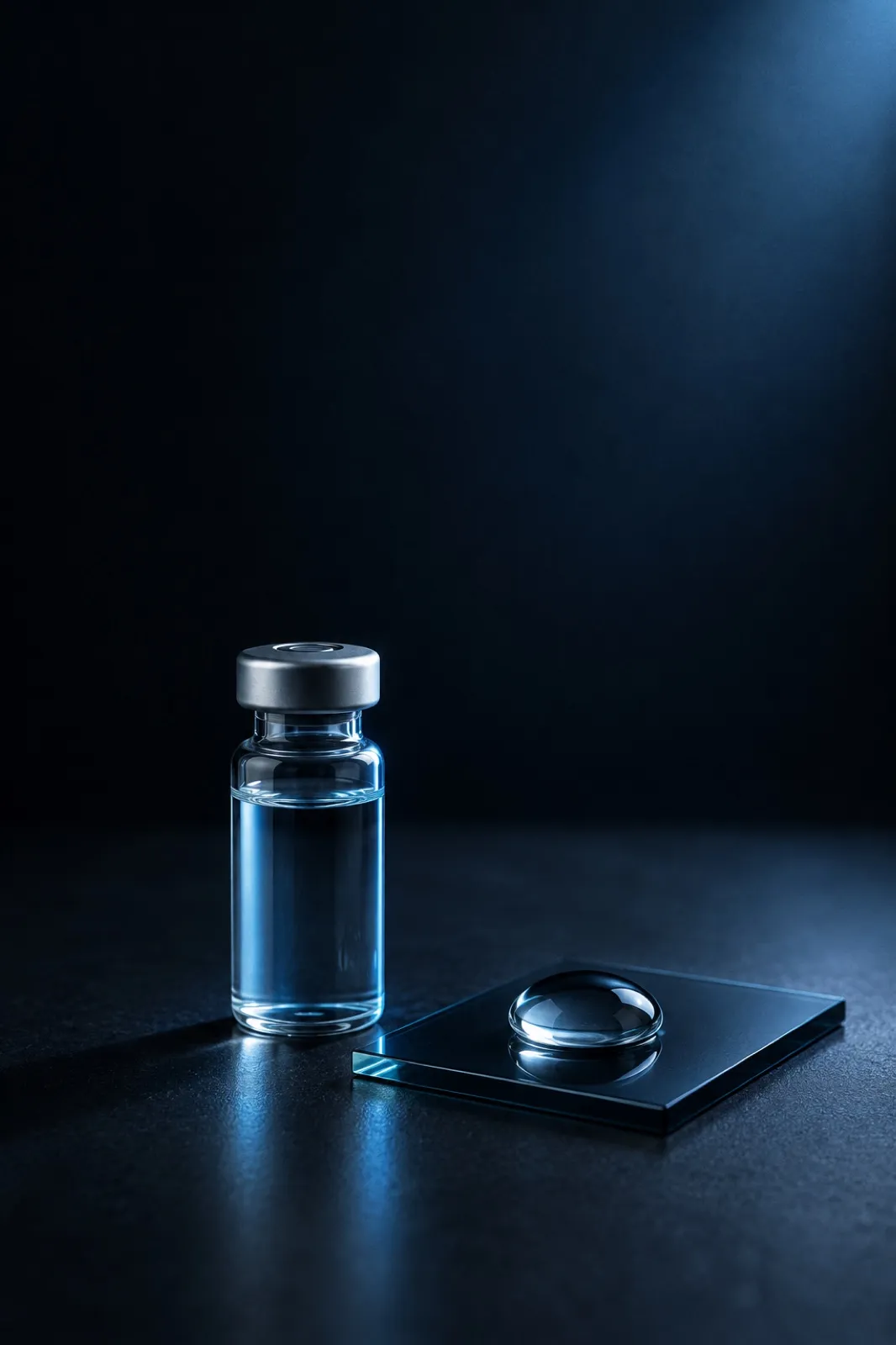 A glass vial of pale blue liquid beside a single water droplet on a dark glass tile